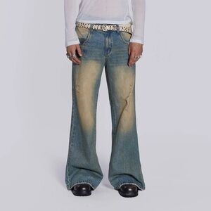 Jaded London Faded Light Blue Distressed Flare Jeans- Sand Wash Blaze